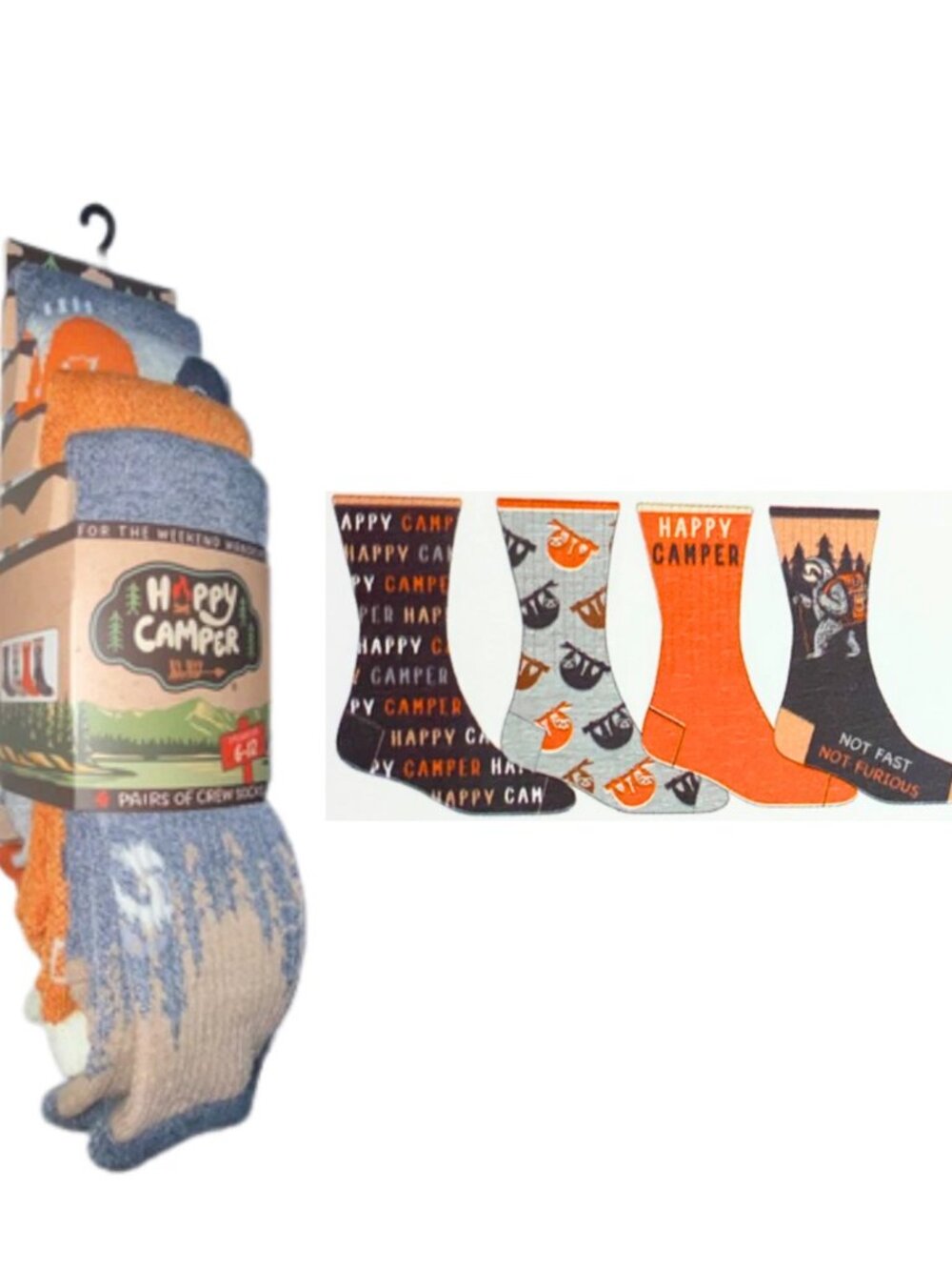 Happy Camper 4 Pair Sloth Going Camping Theme Men's Novelty Crew Socks